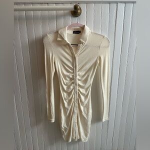 White Pretty little thing button down ribbed long sleeve mini dress size 2 ✨